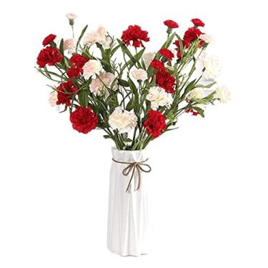 Imagem de LMJYU Flores artificiais para decoração de flores artificiais cravo com vaso de cerâmica flores artificiais para decoração de casa arranjo de flores artificiais para interior flores artificiais