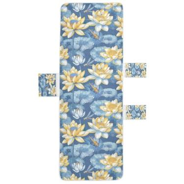 Imagem de STAYTOP Capa de toalha de cadeira de salão de pintura de água de lótus azul dourado, capa macia para espreguiçadeira, capas de cadeira de praia com bolsos para jardim ao ar livre, pátio, pátio, banhos