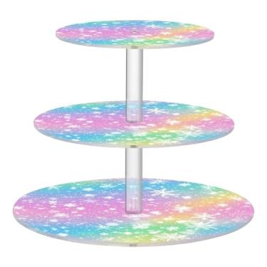 Imagem de CEBUGI Suporte de cupcake de 3 camadas, fundo arco-íris, redondo, suporte de bolo, bandeja de servir em camadas de acrílico para festas de chá, chá de bebê, casamento e mais