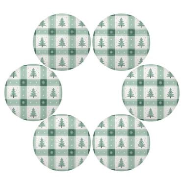 Imagem de Wassud Jogo americano conjunto de 6 tapetes de mesa redondos verdes xadrez para cozinha e jantar tapetes laváveis resistentes ao calor para decoração de mesa 39 cm