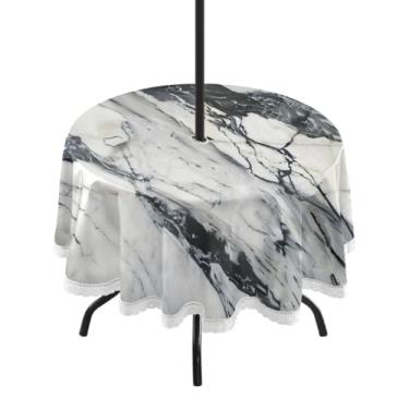 Imagem de CEBUGI Toalha de mesa redonda para ambientes externos, textura de mármore preto, impermeável, com furo Umberlla, capa de mesa lavável para pátio, cozinha, sala de jantar, 152 cm