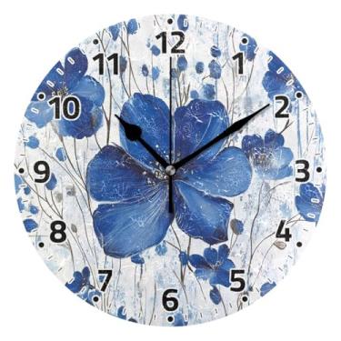 Imagem de WELLDAY Relógio de parede sem tique-taque 25 cm - flor azul operado por bateria relógio redondo silencioso de quartzo para casa/escritório/cozinha/sala de aula