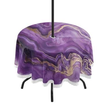 Imagem de CEBUGI Toalha de mesa redonda para uso ao ar livre, textura de mármore roxo, impermeável, com furo Umberlla, capa de mesa lavável para pátio, cozinha, sala de jantar, 152 cm