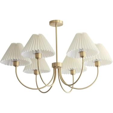Imagem de Lustre vintage enrugado, luminária pendente de tecido plissado branco, lustre moderno dourado estilo Sputnik, plafon com 6 lâmpadas, lustres clássicos para sala de jantar.