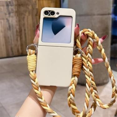 Imagem de Capa de celular colorida com cordão longo para Samsung Z Flip 7 6 5 4 3, com alça transversal e proteção para a câmera, em policarbonato rígido (para Galaxy Z Flip 3 5G/Branco Antigo).