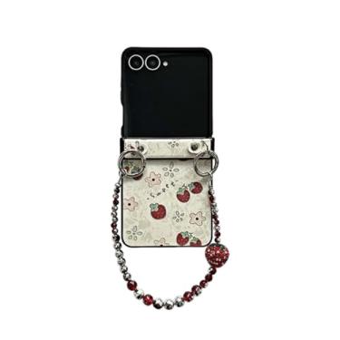 Imagem de GCVXRUD Capa para Samsung Galaxy Z Flip 7 fofa, design requintado de padrão de morango, flores kawaii, capa de telefone dobrável com pulseira