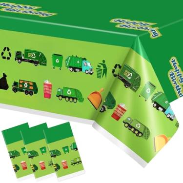 Imagem de Hokoad Pacote com 3 toalhas de mesa para decoração de festa de aniversário, 129,5 x 218 cm, capa de mesa descartável à prova d'água, caminhões de lixo de plástico, decorações de aniversário