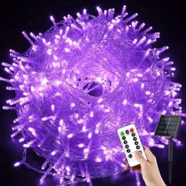 Imagem de YUANHUYUOU Luzes de Natal LED, 52 m 400 luzes LED alimentadas por energia solar, 8 modos de luzes de corda de Natal à prova d'água para jardim, pátio, quintal, festa com controle remoto (roxo)