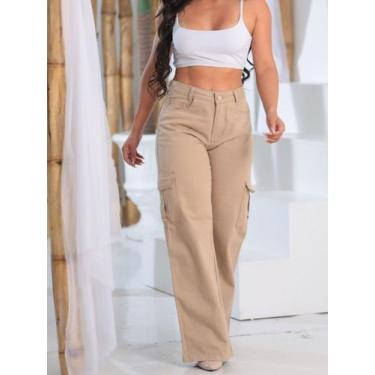 Imagem de Calça cargo nude jeans feminina com bolsos laterais - patricia ribeiro
