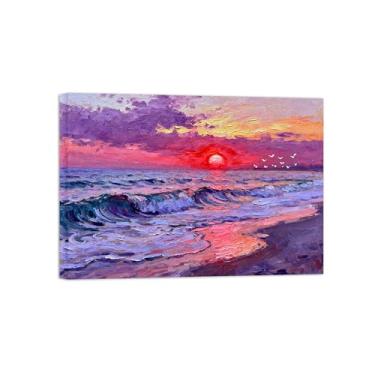 Imagem de Arte de parede paisagem imagem em tela - praia onda do mar pôr do sol decoração moderna impressão pintura para sala de estar pronto para pendurar tela embrulhada 60x85cm24x33in