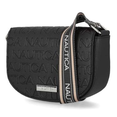 Imagem de Nautica Delray Bolsa tiracolo feminina com aba, bolso com fecho magnético, bolsa de viagem pequena, alça ajustável, Preta (em relevo)