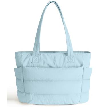 Imagem de XKIILH Bolsa feminina acolchoada fofa com compartimentos com zíper, bolsa de ombro para trabalho, viagem, academia, Azul claro, Medium