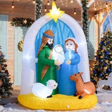 Imagem de Decoração de Natal inflável de presépio de 1,8 m para ambientes internos e externos, luzes de LED, decoração de gramado, jardim, quintal, decoração de Natal, com Mary Joseph, bebê Jesus com ovelhas e