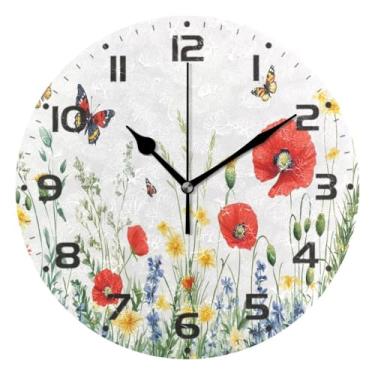 Imagem de Qilmy Wildflowers Relógio de parede pequeno moderno de 25 cm, operado por bateria, silencioso, sem tique-taque, relógio analógico decorativo para casa, escritório, escola, quarto, banheiro e cozinha