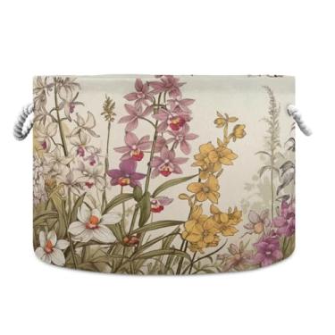 Imagem de JUZIHAI Cesta de armazenamento dobrável de flores silvestres para bebês, cesto de roupa suja, cobertor com alças de corda de algodão, caixa organizadora de armário dobrável para quarto, berçário, casa