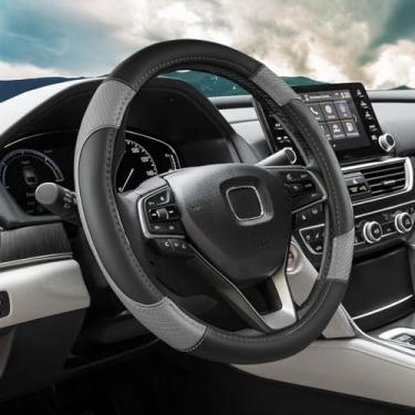 Imagem de ANMOSVO Capa de volante para Honda Civic Accord CRV HR-V Pilot Passport Odyssey| Couro de microfibra e design de segurança antiderrapante | Ajuste personalizado de 37 a 38 cm (tamanho padrão cinza)
