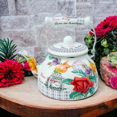 Imagem de Chaleira Esmaltada Londres Vintage 2,5L, Ferro com Revestimento em Esmalte, Cabo em Porcelana, para Fogões Elétrico, Gás, Indução e Lenha, 19x23x25cm