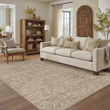 Imagem de HUGEAR Tapete de área 12 x 18 cm, marrom claro, lavável à máquina, tapetes para sala de estar, envelhecido, vintage, floral, aspirável, tapete baixo, quarto, escritório, sala de jantar, lavanderia