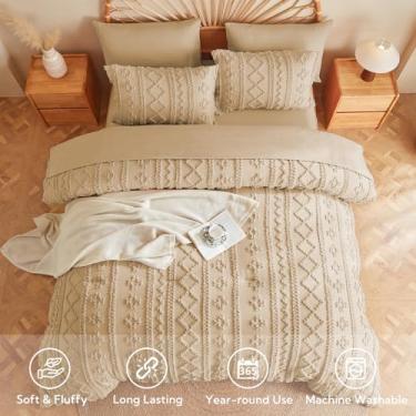 Imagem de MR&HM Jogo de cama queen cáqui boêmio, tufado, boêmio, cama chique gasto em uma bolsa com 1 edredom, 2 fronhas, 2 fronhas, 1 lençol de cima, 1 lençol com elástico para todas as estações