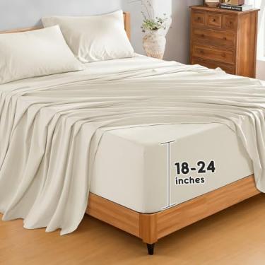 Imagem de SONORO KATE Lençóis de linho 100% puro francês, bolso extra profundo de até 45,7 a 61 cm, lençóis de linho respiráveis e duráveis, lençóis de linho antirrasgo, lavável na máquina - 4 peças (creme