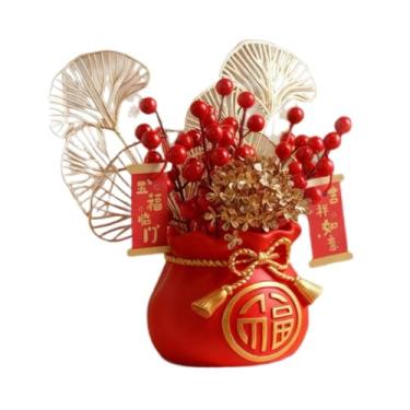 Imagem de WeiLaiKeQi Decorações de Ano Chinês com Pingentes de Frutos Vermelhos e Folhas Douradas em Vaso de Flores Artificiais para Casa de Campo