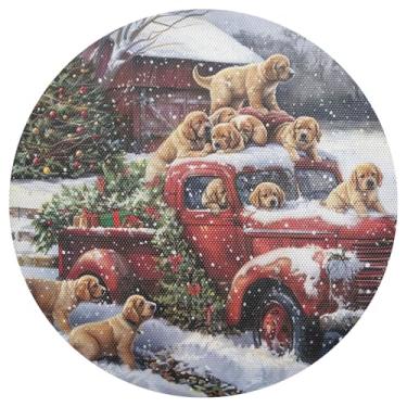 Imagem de Jogo americano circular de caminhão e filhotes de Natal, conjunto de 1 tapete redondo de PVC, mesa de cozinha de 38 cm, jogo americano lavável para festa de Natal