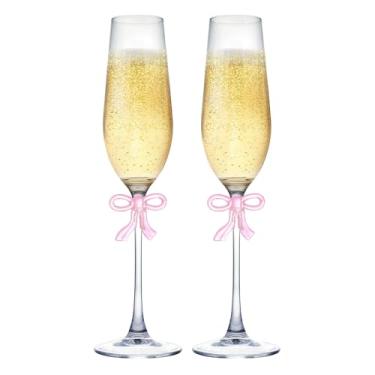 Imagem de LAUDEE Conjunto de 2 taças de champanhe de 184 g, elegantes taças de champanhe de cristal com hastes reforçadas e laço rosa romântico, presentes de noivado de vidro para casais, aniversário, casamento