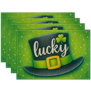Imagem de HOMETITUTE Jogo americano do Dia de São Patrício, conjunto de 4 tapetes de mesa com chapéu da sorte de 30,5 x 45,7 cm para jantar, primavera, linho, decoração de fazenda, cozinha, tapete de mesa para