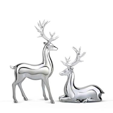 Imagem de CUOFYUNL 1 par de estatuetas de veado decoração de casa mesa em pé postura ajoelhada estátua estilo europeu artesanato em resina (Prata)