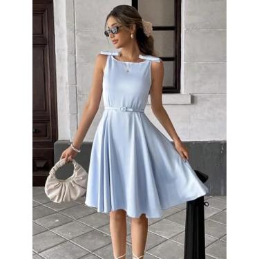 Imagem de Vestido midi feminino azul claro sem mangas - vestido evasê com cinto no ombro, Azul claro, Small