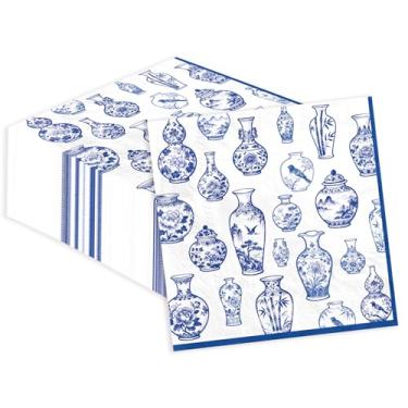 Imagem de 100 guardanapos de papel de coquetel chinoiserie 3 camadas chinoiserie vintage arte chinesa absorvente toalhas de mão descartáveis guardanapos azuis e brancos para convidados de cozinha banheiro