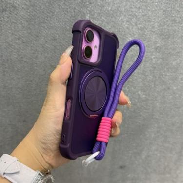 Imagem de Capa com suporte giratório 360° para iPhone 13, 12, 14, 15, 16 Pro Max, 14, 15, 16 Plus, capa anti-impacto com airbag e alça de pulso, roxa, para iPhone 14 Pro