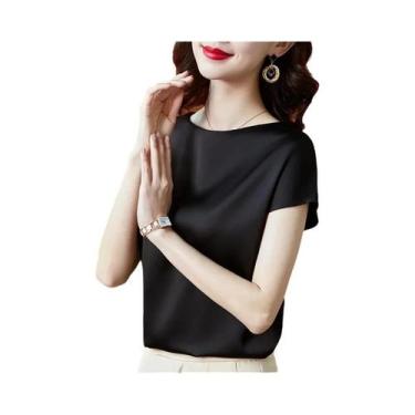 Imagem de Blusa Casual Feminina De Seda Com Manga Curta E Decote Redondo, Solta 