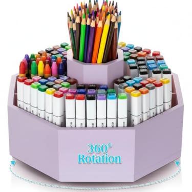 Imagem de Fiwochic Porta-lápis giratório de bambu, organizador de materiais artísticos, mesa giratória de 360°, canetas pastel, presentes para armazenamento de mesa de Natal, giz de cera, canetas marcadoras