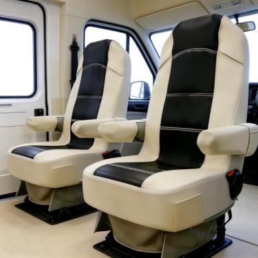 Imagem de BeadChica Pacote com 2 capas de assento RV para cadeiras de capitães, capas de assento de motorhome para assento de trailer classe A com capas de descanso de braço (preto e bege)
