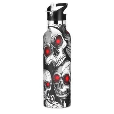 Imagem de Joisal Garrafas de água isoladas para meninos de 590 ml com tampa de palha, caveiras humanas brancas, vermelho, preto, aço inoxidável, garrafas de água escolares com alça, copos infantis à prova de