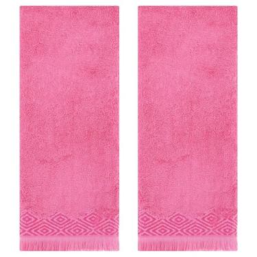 Imagem de Conjunto de 2 toalhas de mão decorativas turcas com padrões geométricos, conjunto de toalhas de rosto macias absorventes para boêmio, banheiro, cozinha, hotel, spa, fazenda, 33 x 73 cm, rosa