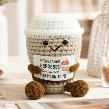 Imagem de Sobremesa artística de crochê positiva – decoração fofa de xícara de café de desenho animado, kits de crochê feitos à mão, festival, aniversário, presentes de Natal para mulheres ou homens
