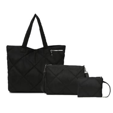 Imagem de Conjunto de bolsas acolchoadas para mulheres, bolsa de ombro acolchoada com bolsa transversal e bolsa pequena, bolsa leve para viagem, trabalho, academia, Preto