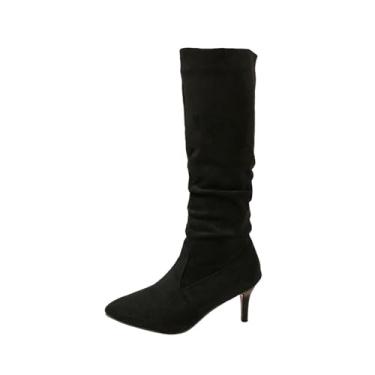 Imagem de Botas femininas cano alto inverno casual plissado despojado bico fino salto fino camurça, Preto, 36