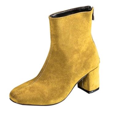 Imagem de Bota feminina de inverno casual plus size confortável bico quadrado curto zíper traseiro salto médio camurça, Amarelo, 35