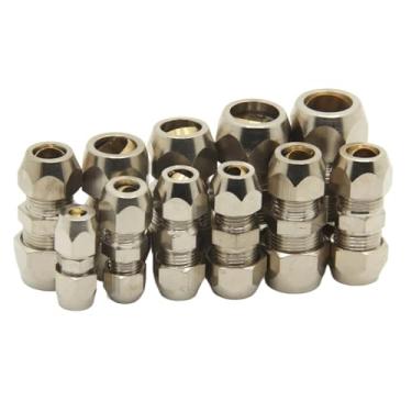 Imagem de Revestimento de níquel em cobreConexão de tubo de virola de compressão 4-16 mm tubo de latão conjunto de cartão duplo juntas de cobre bloqueio de porca duplo (tubo OD 6 mm a 12 mm)