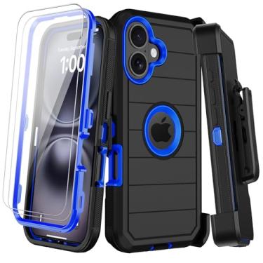 Imagem de Capa para iPhone 16 Plus com clipe para cinto, 2 protetores de tela, resistente à prova de choque, proteção contra quedas de grau militar, camada tripla, resistente, durável, com suporte de 6,7