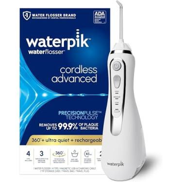 Imagem de Waterpik Fio dental Advanced 2.0 sem fio para dentes, gengivas, aparelhos, cuidados dentários com bolsa de viagem e 4 pontas, aceito pela ADA, recarregável, portátil e impermeável, branco WP-580,