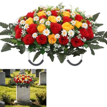 Imagem de Wocst Sela de flor de lápide, flores de cemitério artificiais grandes para sepulturas artificiais de rosas e margaridas para lápide de cemitério (amarelo)