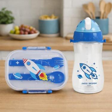 Imagem de Kit Pote Lancheira de 400ml e Garrafa 460ml Infantil Para Levar a Merenda Escolar Piquinique Lanche da Tarde Armazena Alimento e Bebidas (Azul Foguete)