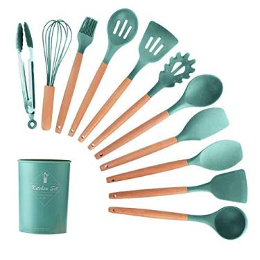 Imagem de Conjunto de Utensílios Cozinha 11 Peças Silicone Antiaderente com Cabo Madeira Suporte Premium Ferramentas