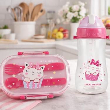 Imagem de Kit Pote Lancheira de 400ml e Garrafa 460ml Infantil Para Levar a Merenda Escolar Piquinique Lanche da Tarde Armazena Alimento e Bebidas (Pink Gatinha)