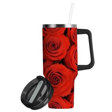 Imagem de ATTX Copo de rosa vermelha bonita de 850 g com alça, copo de aço inoxidável a vácuo de parede dupla com palha, caneca de café de viagem isolada #285