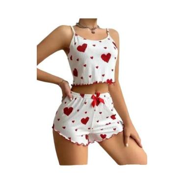 Imagem de Conjunto De Pijamas Femininos Com Estampa De Coração Sem Mangas Calças